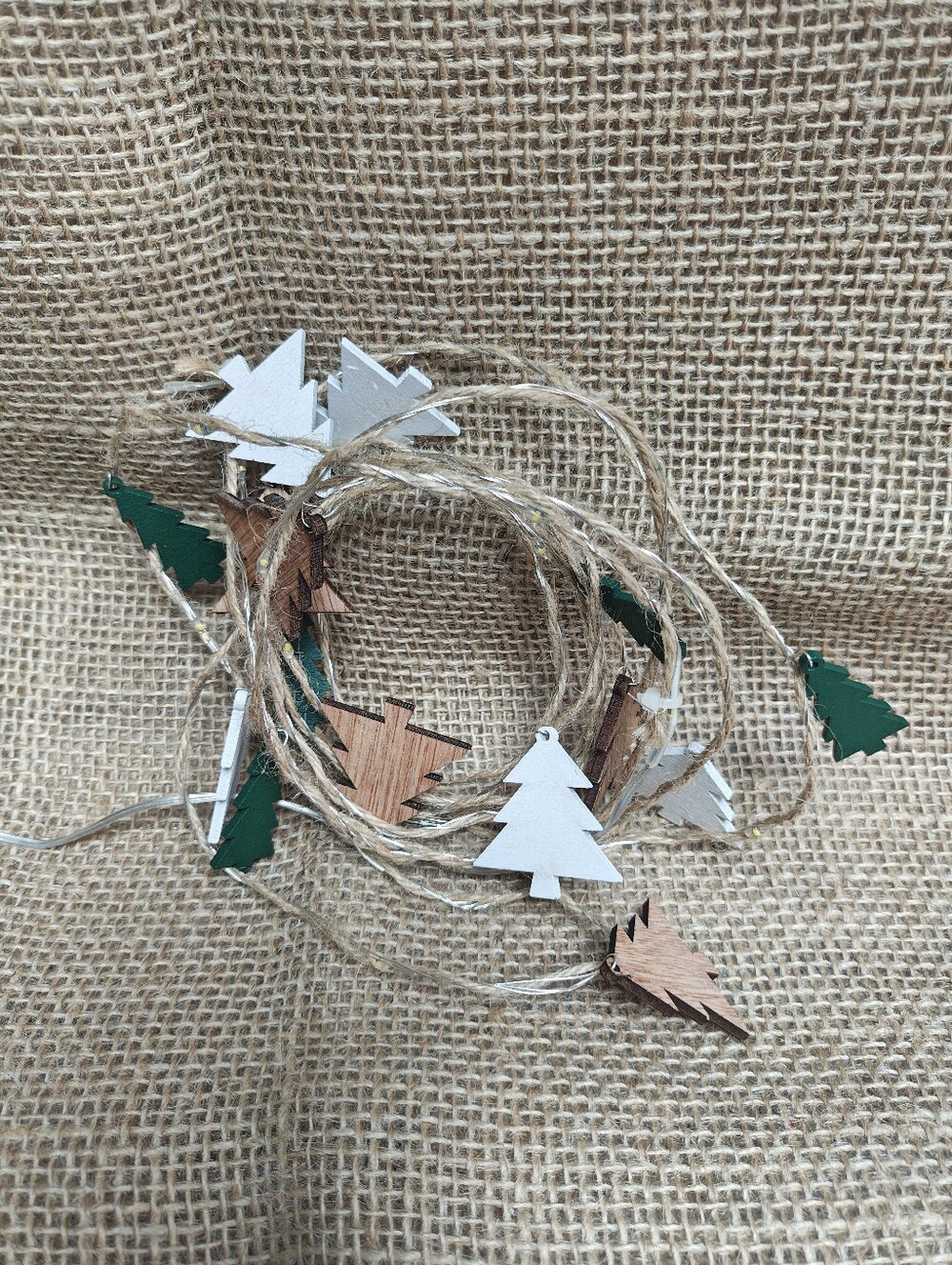 Rustic Green, White & Natural Wood Christmas Tree Garland Lights
